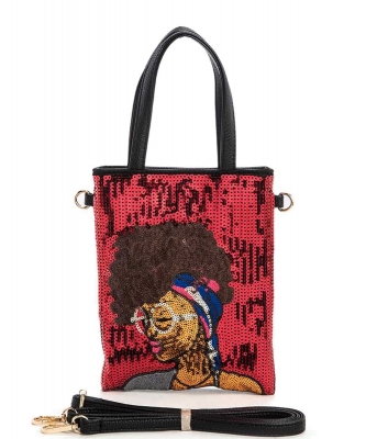 Glasses Girl Sequins Top Handle Convertible Swing Bag 136-S039-SM RED